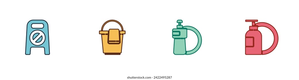 Ponga el suelo húmedo y la limpieza en curso, Cubo con trapo, placa de botella líquida de lavado de lavado y icono. Vector