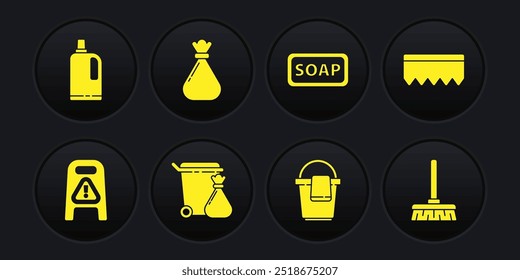 Set Wet floor and cleaning in progress, Sponge with bubbles, Trash can garbage bag, Bucket rag, Bar of soap, Garbage, Handle broom and Fabric softener icon. Vector