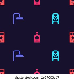 Set Wet floor and cleaning in progress, Shower head, Hand sanitizer bottle and Washer on seamless pattern. Vector