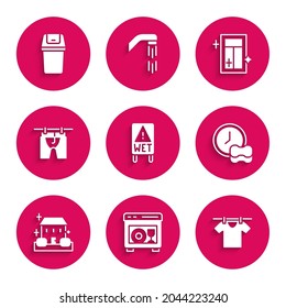 Set Wet floor, Dishwasher machine, Drying clothes, Washing dishes, Home cleaning service, Cleaning for window and Trash can icon. Vector