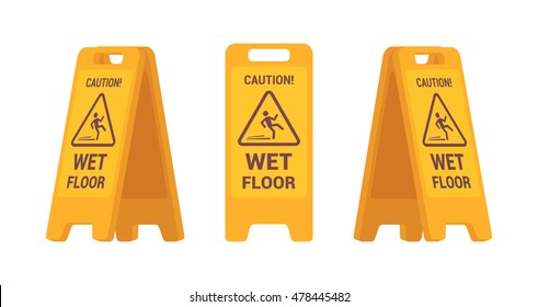 Set of wet floor sign isolated against white background. Cartoon vector flat-style illustration