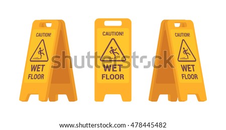 Set of wet floor sign isolated against white background. Cartoon vector flat-style illustration