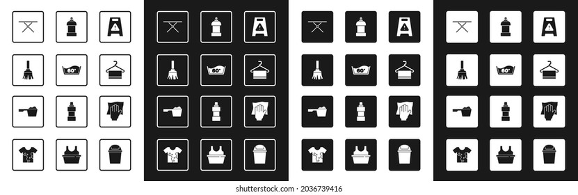 Set Wet floor, Temperature wash, Feather broom, Ironing board, Towel hanger, Bottle for cleaning agent, Cleaning service and Washing powder icon. Vector
