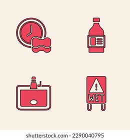 Set Wet floor, Washing dishes, Bottle for cleaning agent and Washbasin icon. Vector