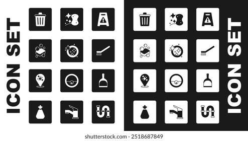 Set Wet floor, Washing dishes, Bar of soap, Trash can, Brush for cleaning, Sponge, Dustpan and Home service icon. Vector