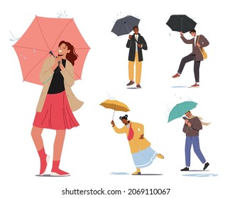 Set of Wet People at Rainy Autumn or Spring Weather Day. Happy Drenched Passerby Characters with Umbrellas Walking Against Wind and Rain Isolated on White Background. Cartoon Vector Illustration