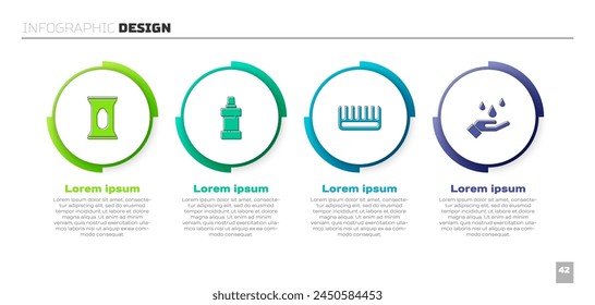 Set Wet wipe pack, Bottle for cleaning agent, Hairbrush and Washing hands with soap. Business infographic template. Vector