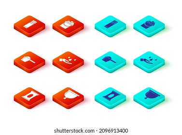 Set Wet wipe pack, Menstrual cup, Washing powder, hands with soap, Bucket suds and Shaving gel foam icon. Vector