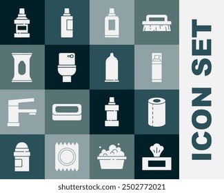Set Wet wipe pack, Paper towel roll, Shaving gel foam, Bottle for cleaning agent, Toilet bowl, Mouthwash bottle and Condom icon. Vector