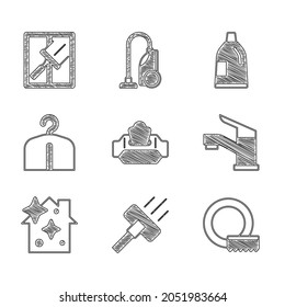 Set Wet wipe pack, Vacuum cleaner, Washing dishes, Water tap, Home cleaning service, Hanger wardrobe, Bottle for agent and Rubber windows icon. Vector