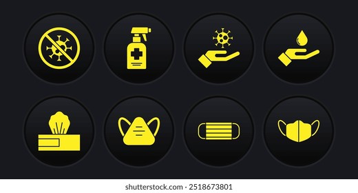 Set Paquete de toallitas húmedas, lavarse las manos con jabón, máscara protectora médica, virus de la mano, antibacteriano líquido e icono de parada. Vector