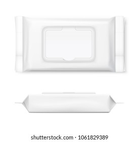 Set of wet wipes flow packs with realistic transparent shadows on white background. Vector template for your design. EPS10.