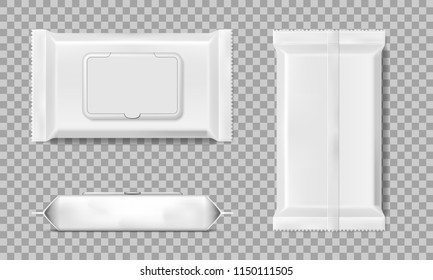 Set of wet wipes napkins template isolated. White wet wipes blank package. Vector illustration