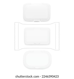 Set of wet wipes plastic lid flip top cap mockups. Realistic front view. Vector template for your design. EPS10.