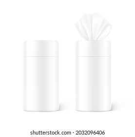 Set of wet wipes tissue container. Vector illustration isolated on white background. Can be use for template your design, presentation, promo, ad. EPS10.