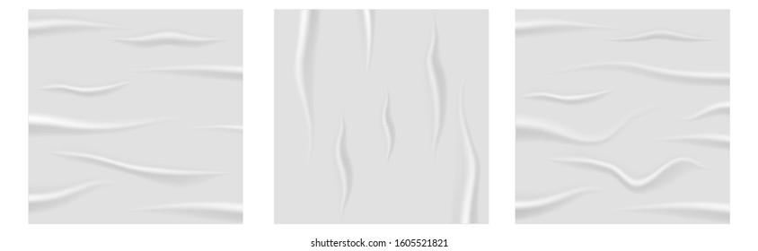 
Set of wet wrinkled sheets of white paper with mint and wet texture, blank posters pasted on a street wall or advertising column, layout for design