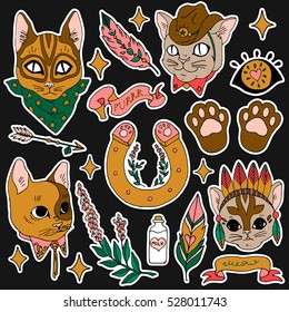 Set of wetern patches elements. Set of stickers, pins, patches and handwritten notes collection in cartoon 80s-90s comic style.Cats as a bandit, sheriff and Indians and other 