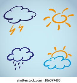 Set of wether icon. Sketch design. Hand-drawn. Rain, lighting, cloud. Colorful