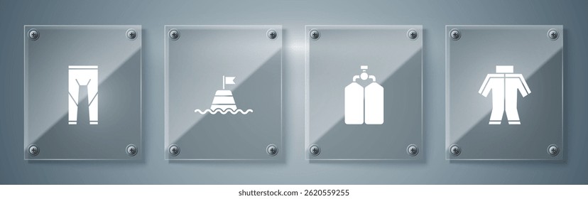 Set Wetsuit, Aqualung, Floating buoy on the sea and . Square glass panels. Vector