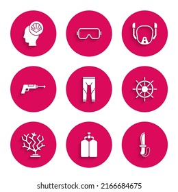 Set Wetsuit, Aqualung, Knife, Ship steering wheel, Coral, Fishing harpoon, Diving mask and Scallop sea shell icon. Vector