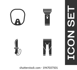 Set Wetsuit, Diving mask, Knife and Flashlight icon. Vector