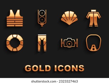 Set Wetsuit, Diving mask, Photo camera, Lifebuoy, Scallop sea shell, jacket and Gauge scale icon. Vector