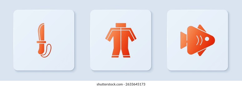 Set Traje de neopreno, cuchillo y pescado. Botón cuadrado blanco. Vector