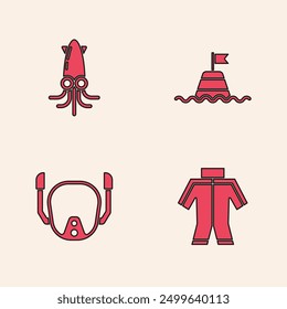 Set Wetsuit, Octopus, Floating buoy on the sea and Diving mask icon. Vector