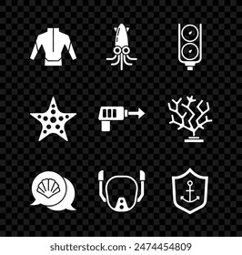 Conjunto traje de neopreno, pulpo, escala de calibre, concha de mar vieira, máscara de buceo, Ancla dentro del escudo, estrella de mar e icono de arpón de pesca. Vector