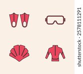Set Wetsuit, Rubber flippers, Diving mask and Scallop sea shell icon. Vector
