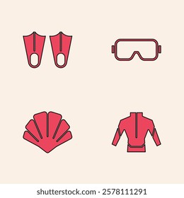 Set Wetsuit, Rubber flippers, Diving mask and Scallop sea shell icon. Vector