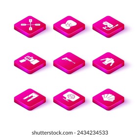 Conjunto de traje de neopreno, concha de mar vieira, linterna, arpón de pesca, máscara de buceo y snorkel y concha con icono de perla. Vector