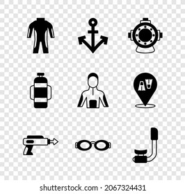 Ponemos traje de baño para bucear, practicar Anchor, Aqualung, Pescar arpón, nadar con gafas, Snorkel e ícono. Vector