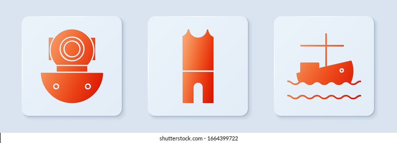 Set Wetsuit for scuba diving, Aqualung and Fishing boat on water. White square button. Vector