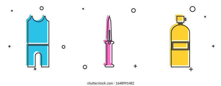 Set Wetsuit para buceo, cuchillo del ejército e ícono de Aqualung. Vector