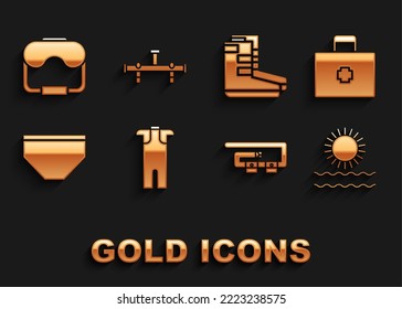 Set Wetsuit for scuba diving, First aid kit, Sun and waves, Diving belt, Swimming trunks, Boots, mask and Manifold icon. Vector
