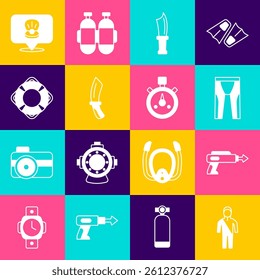 Set Wetsuit for scuba diving, Fishing harpoon, Diving knife, Lifebuoy, Scallop sea shell and Stopwatch icon. Vector