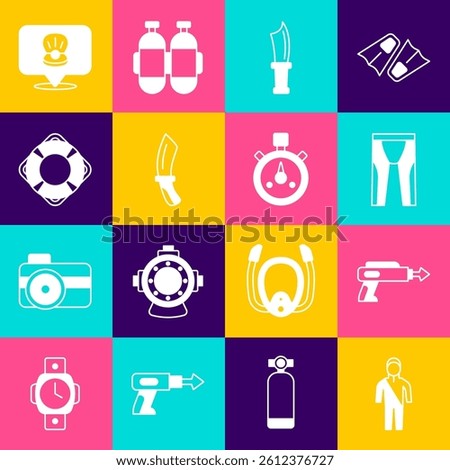 Set Wetsuit for scuba diving, Fishing harpoon, Diving knife, Lifebuoy, Scallop sea shell and Stopwatch icon. Vector