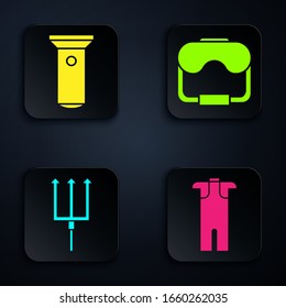 Set Wetsuit for scuba diving, Flashlight, Neptune Trident and Diving mask. Black square button. Vector