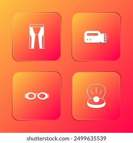 Set Wetsuit for scuba diving, Flashlight diver, Glasses swimming and Pearl icon. Vector