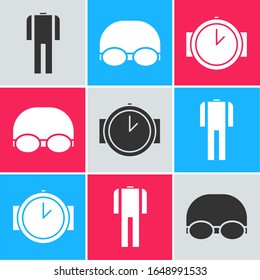 Set Wetsuit for scuba diving, Glasses and cap for swimming and Diving watch icon. Vector