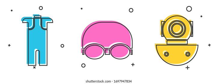 Ponemos traje de baño para buceo, gafas y gorra para nadar e ícono de Aqualung. Vector