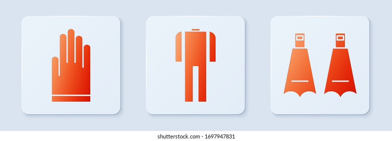 Wetsuit für Taucher, Handschuhe und Gummiflossen zum Schwimmen. Weißer Quadrat-Knopf. Vektorillustration