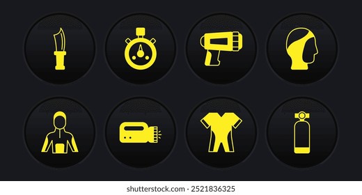 Set Wetsuit for scuba diving, Diving hood, Flashlight diver, Stopwatch, Aqualung and knife icon. Vector