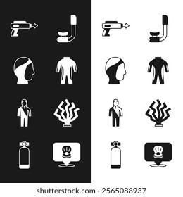 Set Wetsuit for scuba diving, Diving hood, Fishing harpoon, Snorkel, Coral, Scallop sea shell and Aqualung icon. Vector