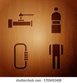 Ponga traje de baño para buceo, tubos metálicos y válvulas industriales, Carabiner y Aqualung sobre fondo de madera. Vector