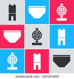 Ponga traje de baño para buceo, baúles para nadar y tubos metálicos de la industria e icono de válvula. Vector