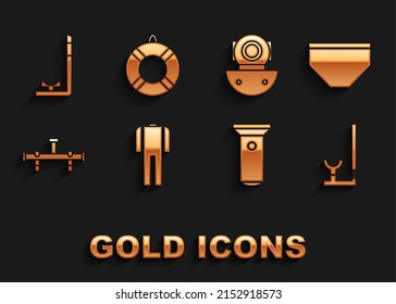 Set Wetsuit for scuba diving, Swimming trunks, Snorkel, Flashlight, Manifold, Aqualung,  and Lifebuoy icon. Vector