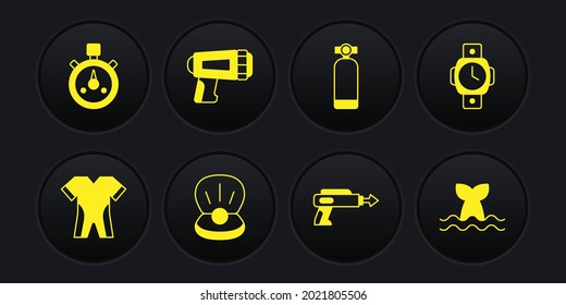 Set Wetsuit für Tauchsport, Taucheruhr, Perle, Angelharpoon, Aqualung, Flashlight Diver, Whale Schwanz und Stopp Uhr Icon. Vektorgrafik