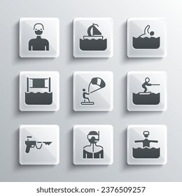 Set Wetsuit for scuba diving, Water gymnastics, skiing man, Kitesurfing, Fishing harpoon, volleyball net, Swimmer and  icon. Vector